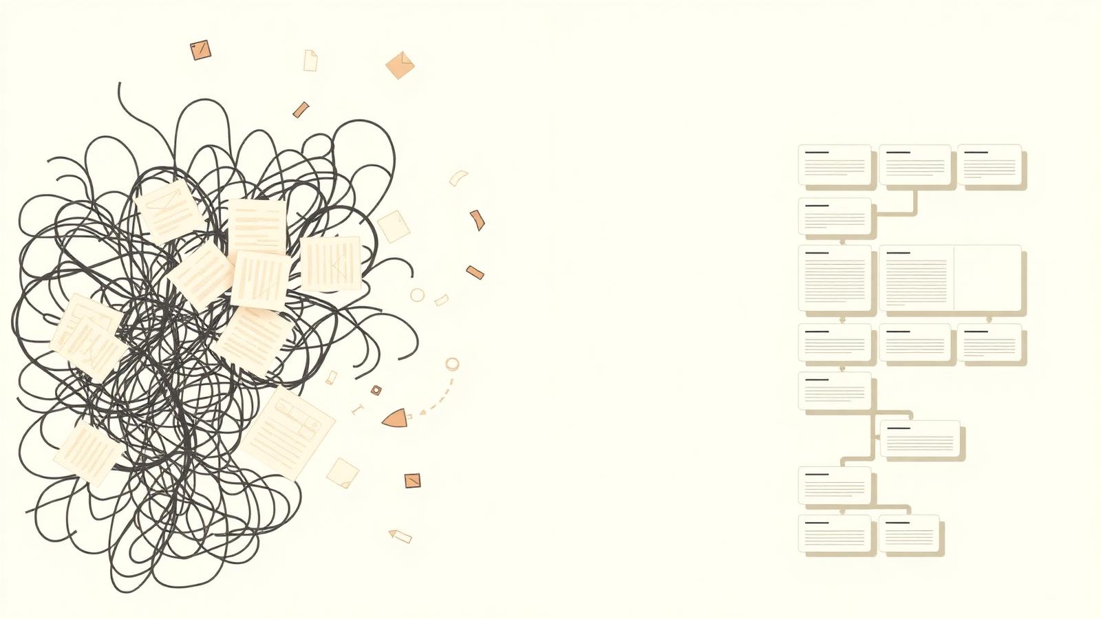 Visual: chaotic workflow becoming an organized one